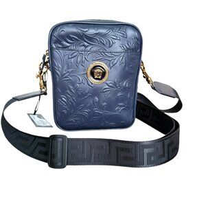 Versace Embossed Blue Calf Leather Shoulder Crossbody Messenger Bag, 1002885
